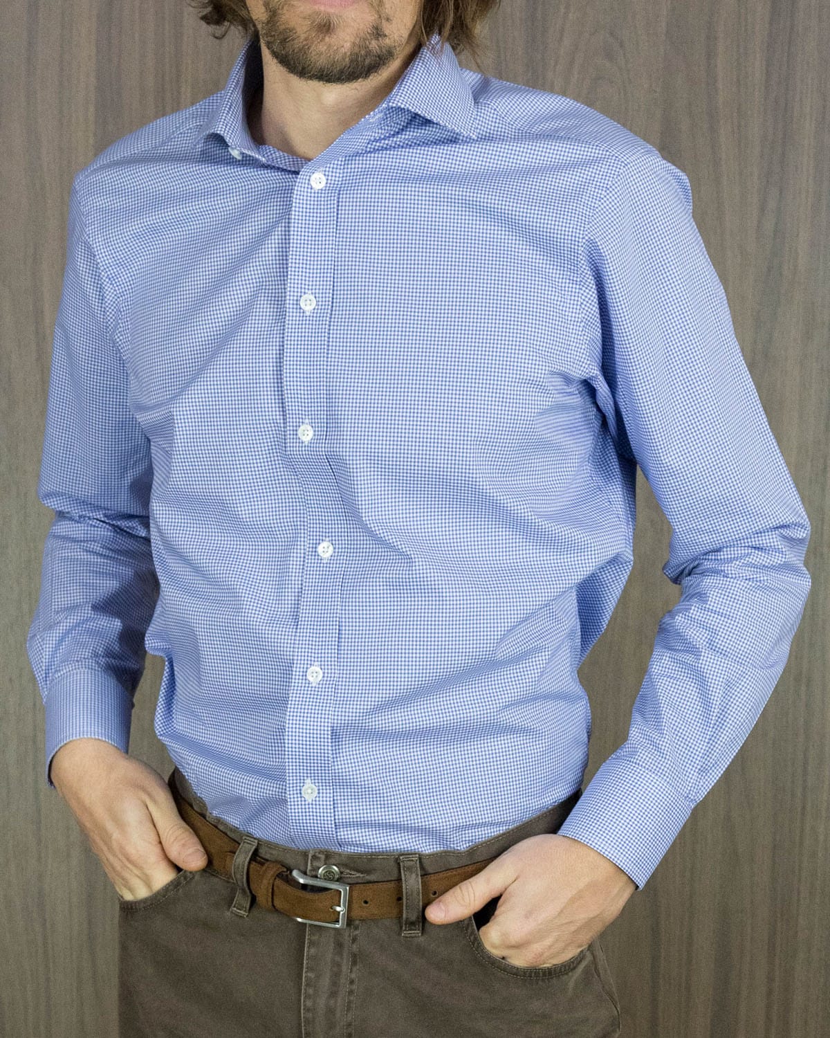 Contemporary Fit, Cutaway Collar, Two Button Cuff Shirt In Blue & White Fine Check - Hilditch & Key