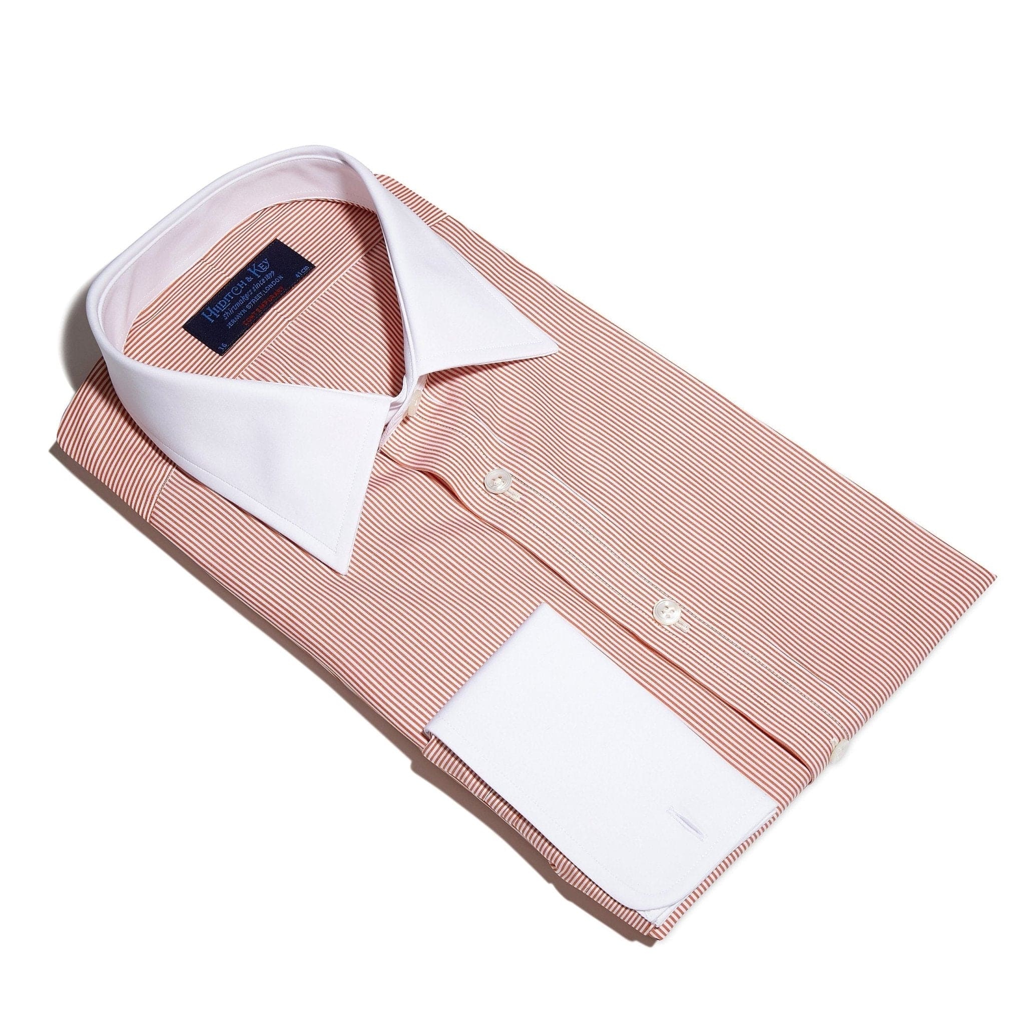 Contemporary Fit, White Classic Collar, White Double Cuff Shirt in a Orange & White Bengal Stripe Poplin Cotton