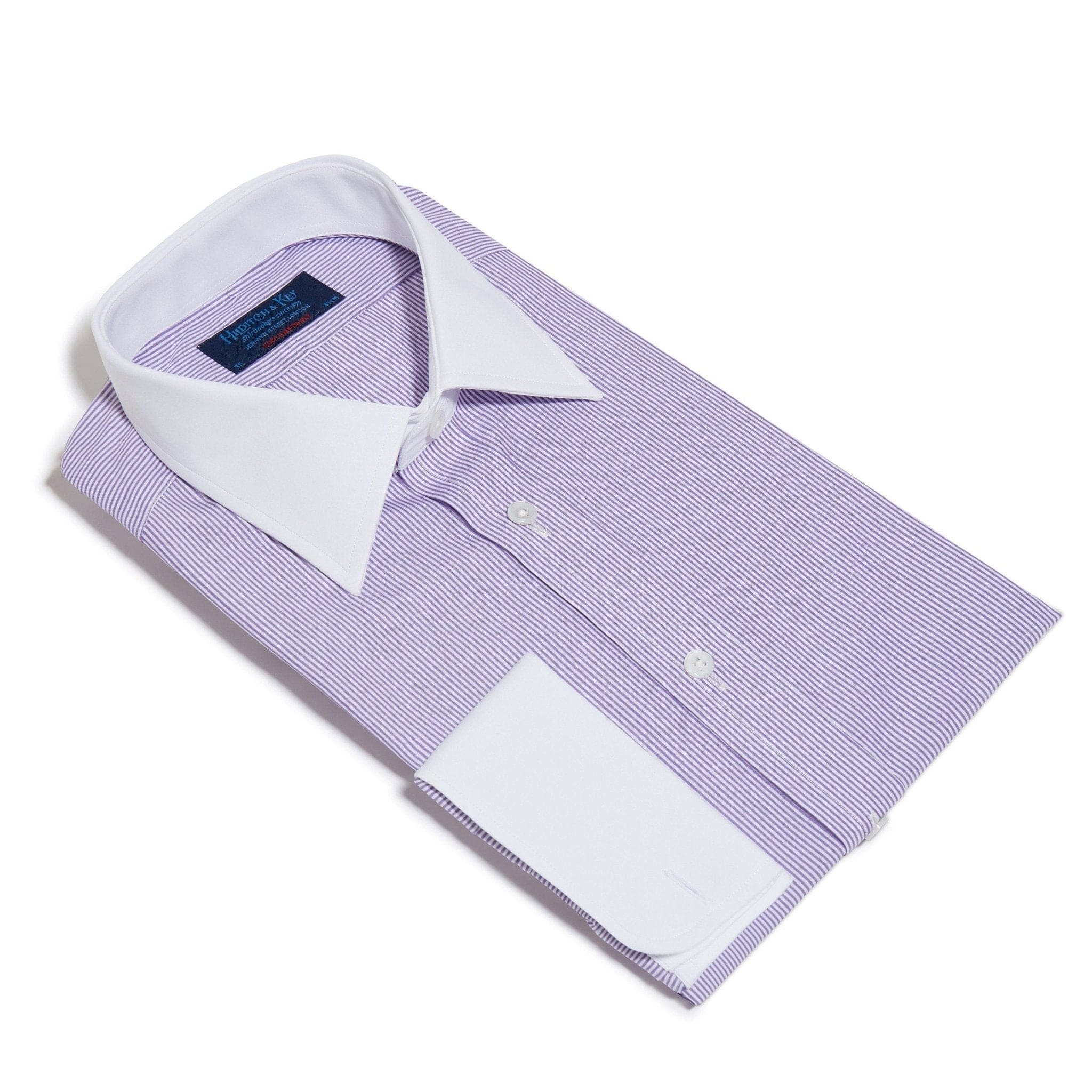 Contemporary Fit, White Classic Collar, White Double Cuff Shirt in a Purple & White Bengal Stripe Poplin Cotton