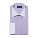 Contemporary Fit, White Classic Collar, White Double Cuff Shirt in a Purple & White Bengal Stripe Poplin Cotton