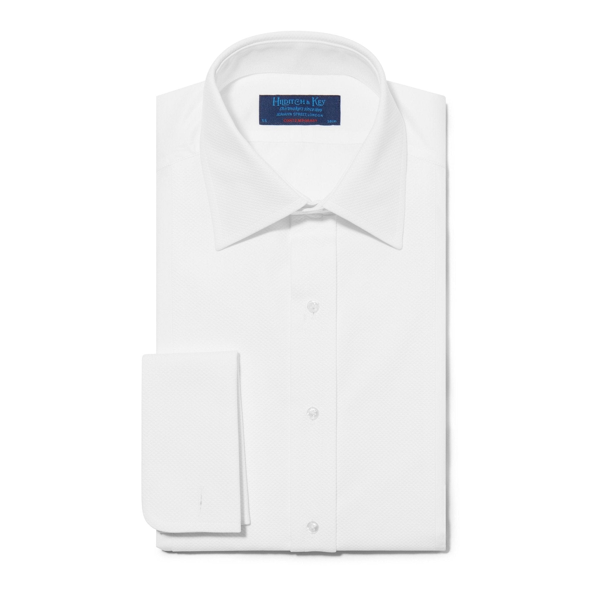 Contemporary Fit, White Poplin Cotton Shirt with a Marcella Front, Classic Collar & Double Cuffs - Hilditch & Key