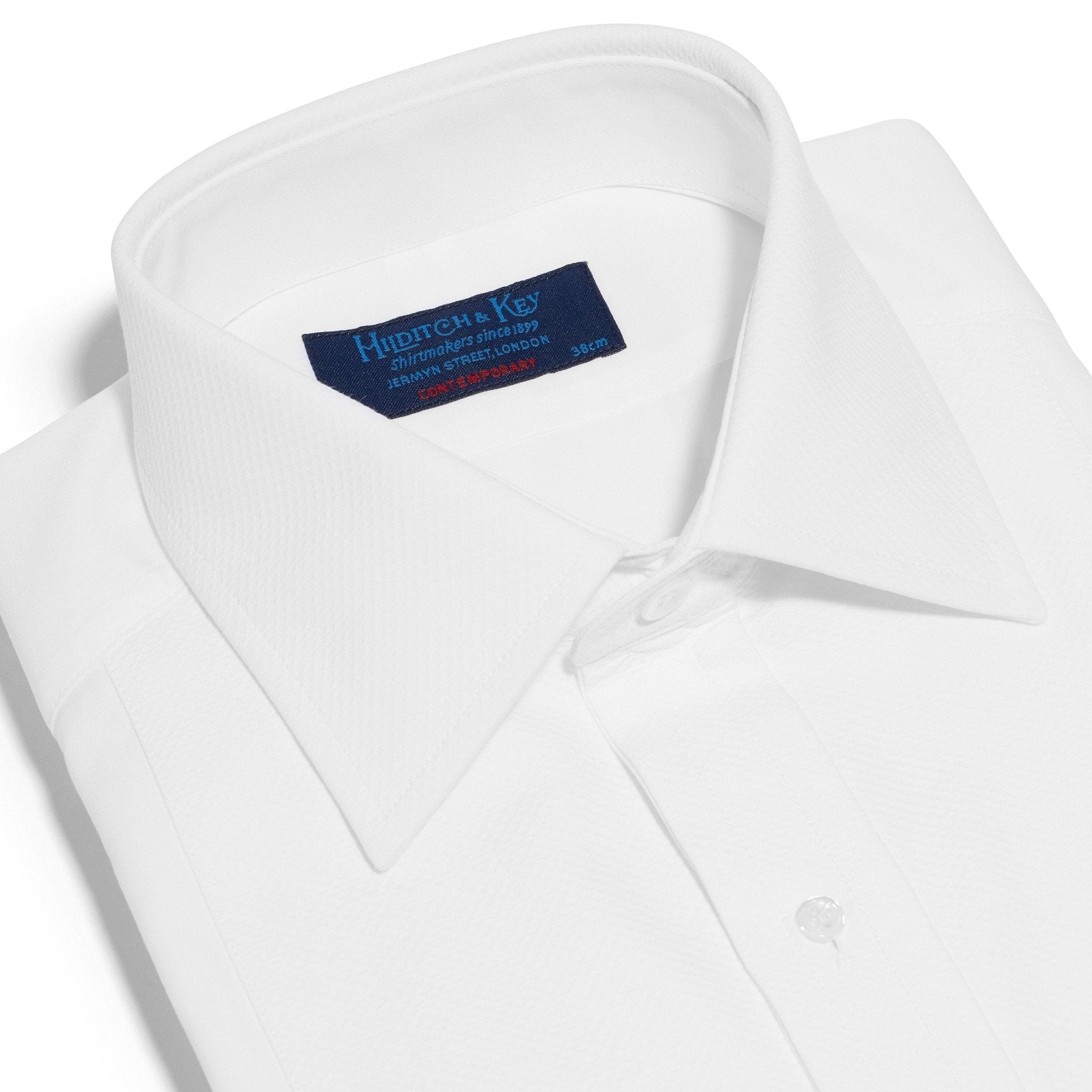 Contemporary Fit, White Poplin Cotton Shirt with a Marcella Front, Classic Collar & Double Cuffs - Hilditch & Key