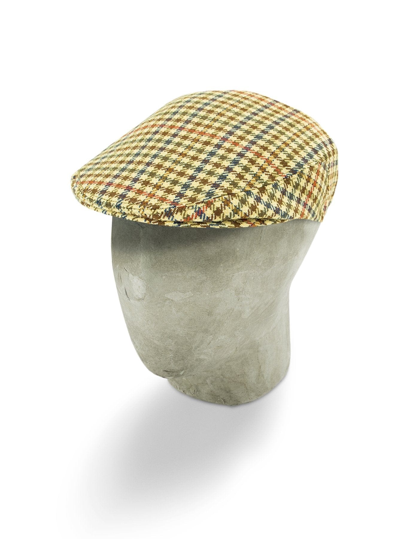 Bates Brand New Cream with Blue, Red & Brown Houndstooth Overcheck Wool Flat Cap - Hilditch & Key
