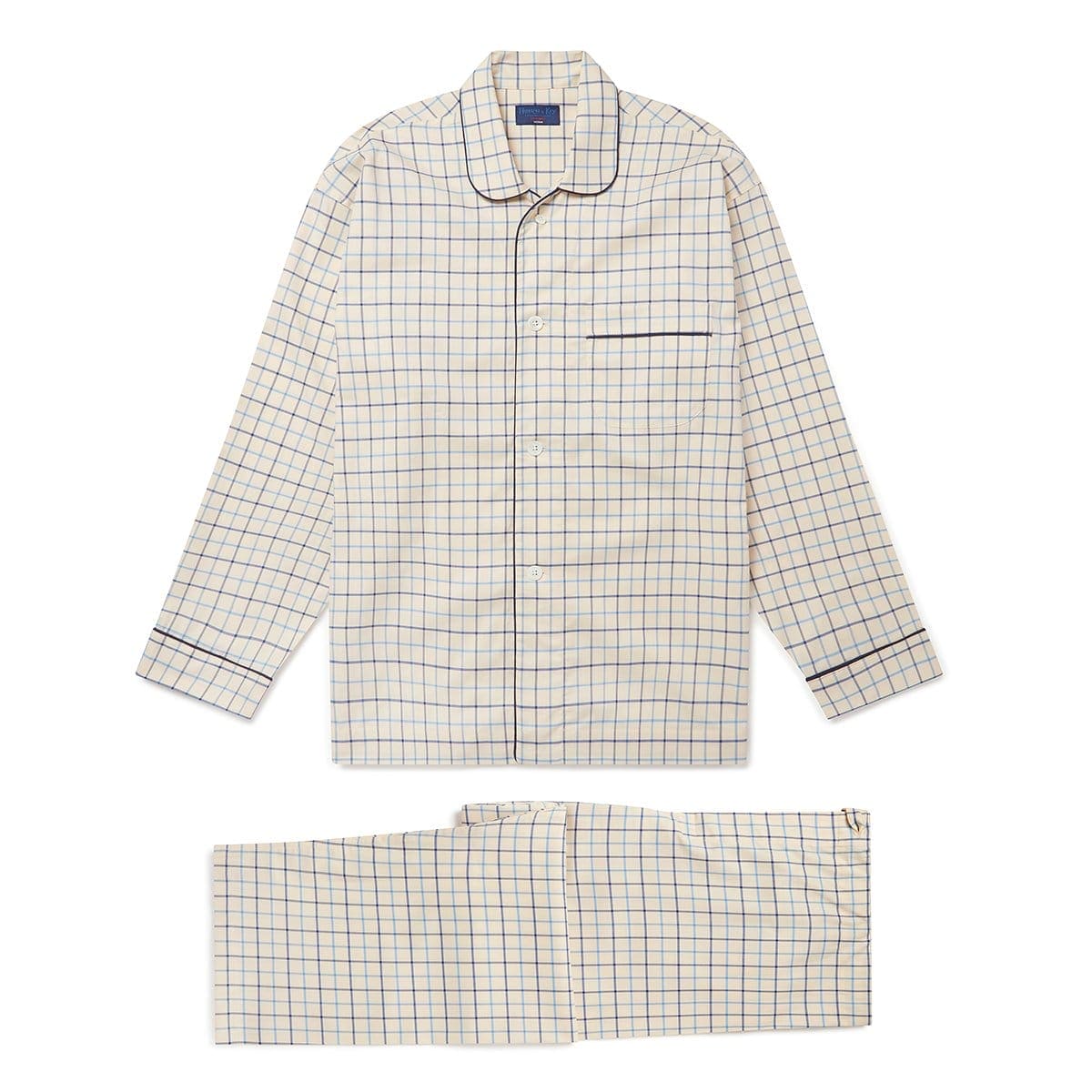 Cream With Navy & Blue Check Brushed Cotton Pyjamas With Navy Piping