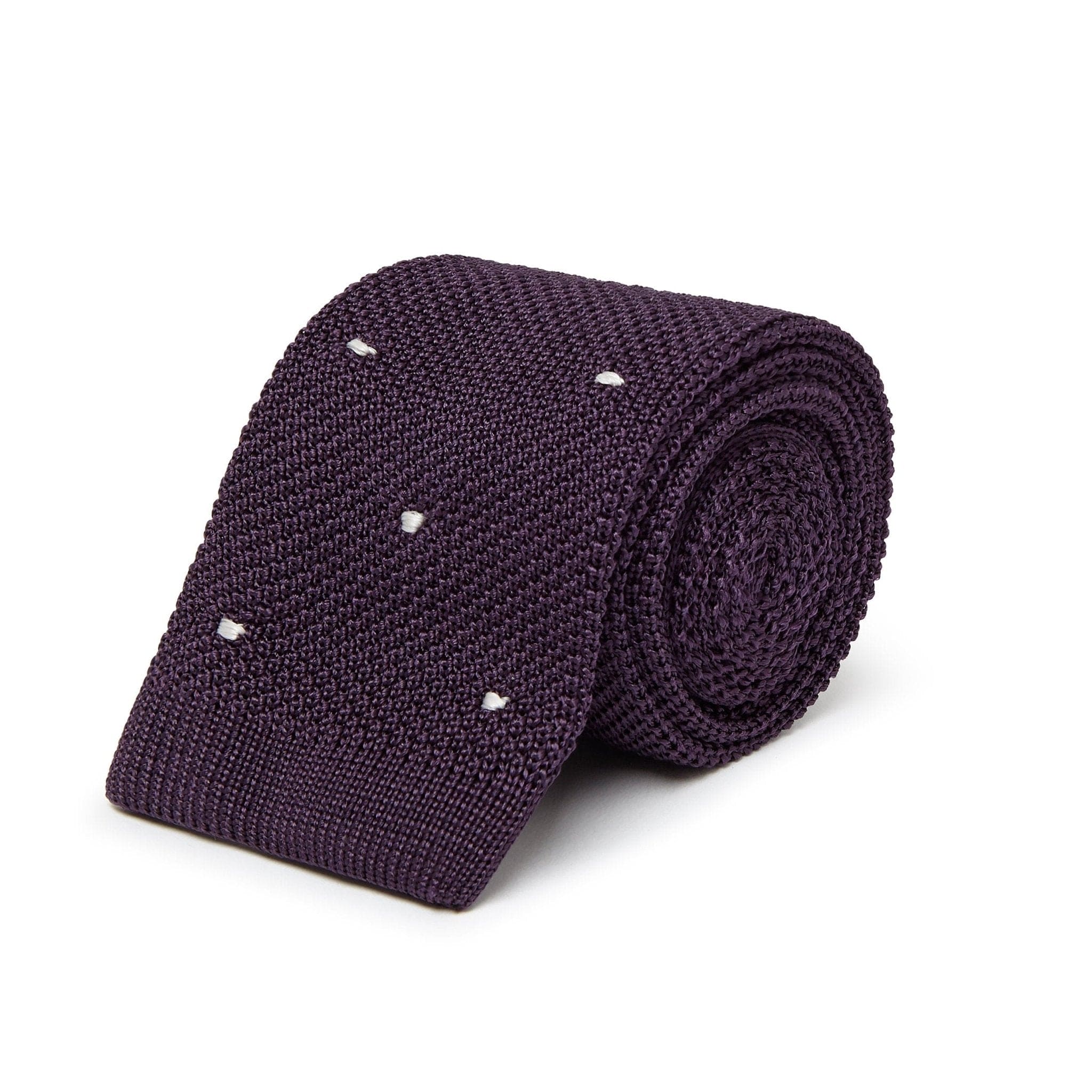 Dark Purple Knitted Silk Tie with White Spots