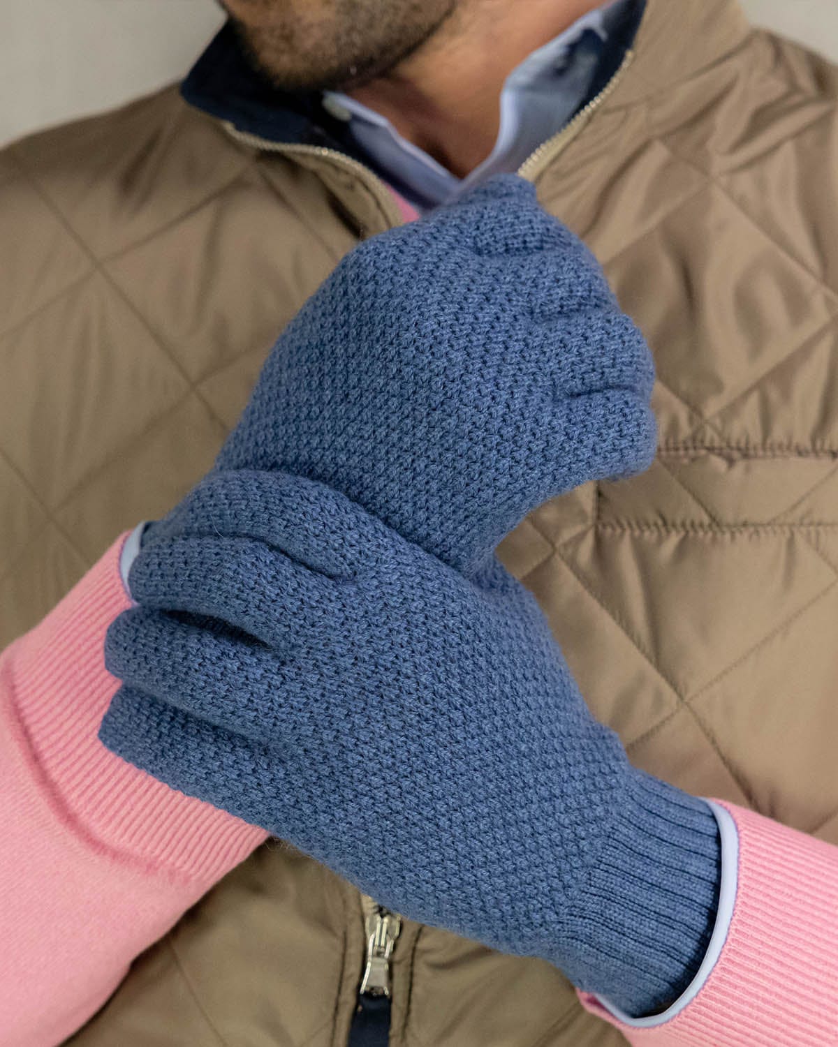 Denim Blue Moss Stitch 100% Cashmere Gloves