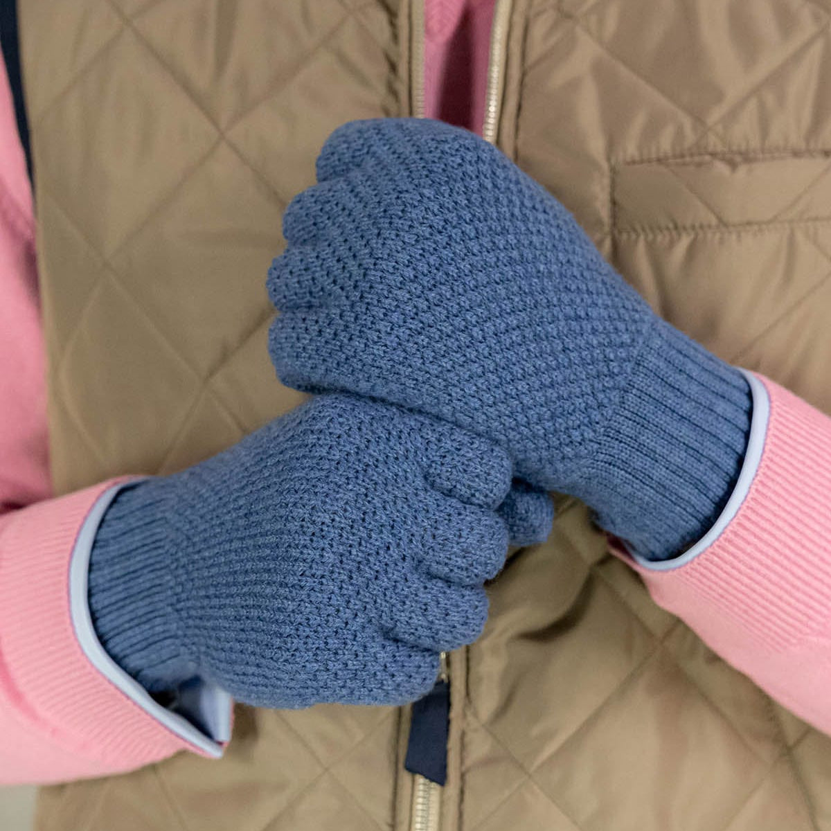 Denim Blue Moss Stitch 100% Cashmere Gloves