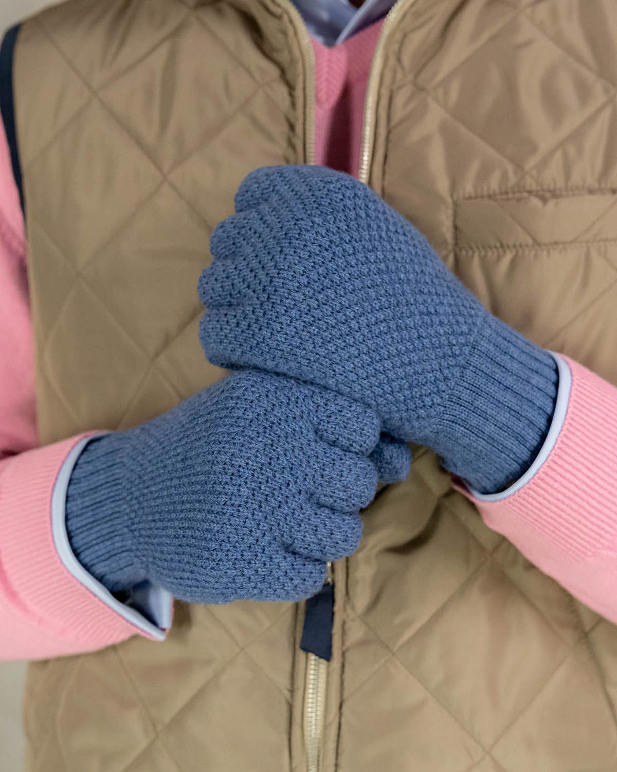 Denim Blue Moss Stitch 100% Cashmere Gloves