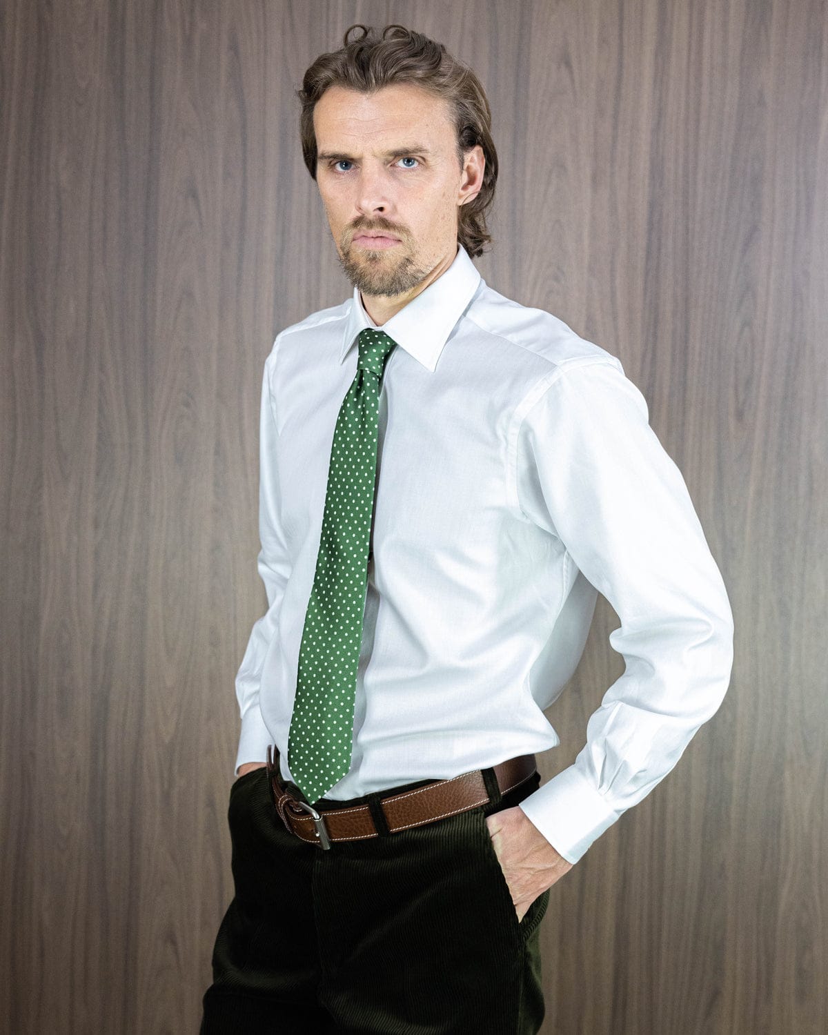 Green Printed Silk Tie with White Medium Spots