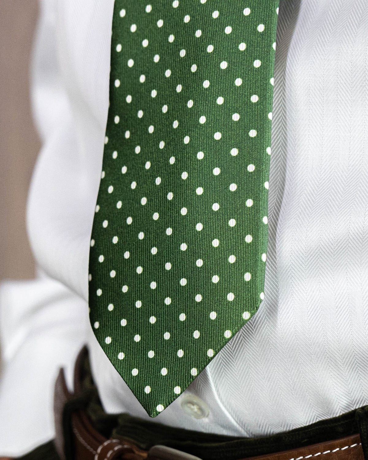 Green Printed Silk Tie with White Medium Spots