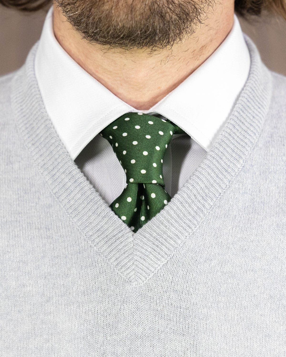 Green Printed Silk Tie with White Medium Spots