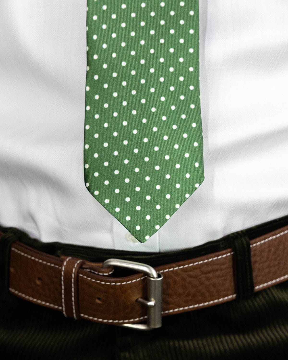 Green Printed Silk Tie with White Medium Spots