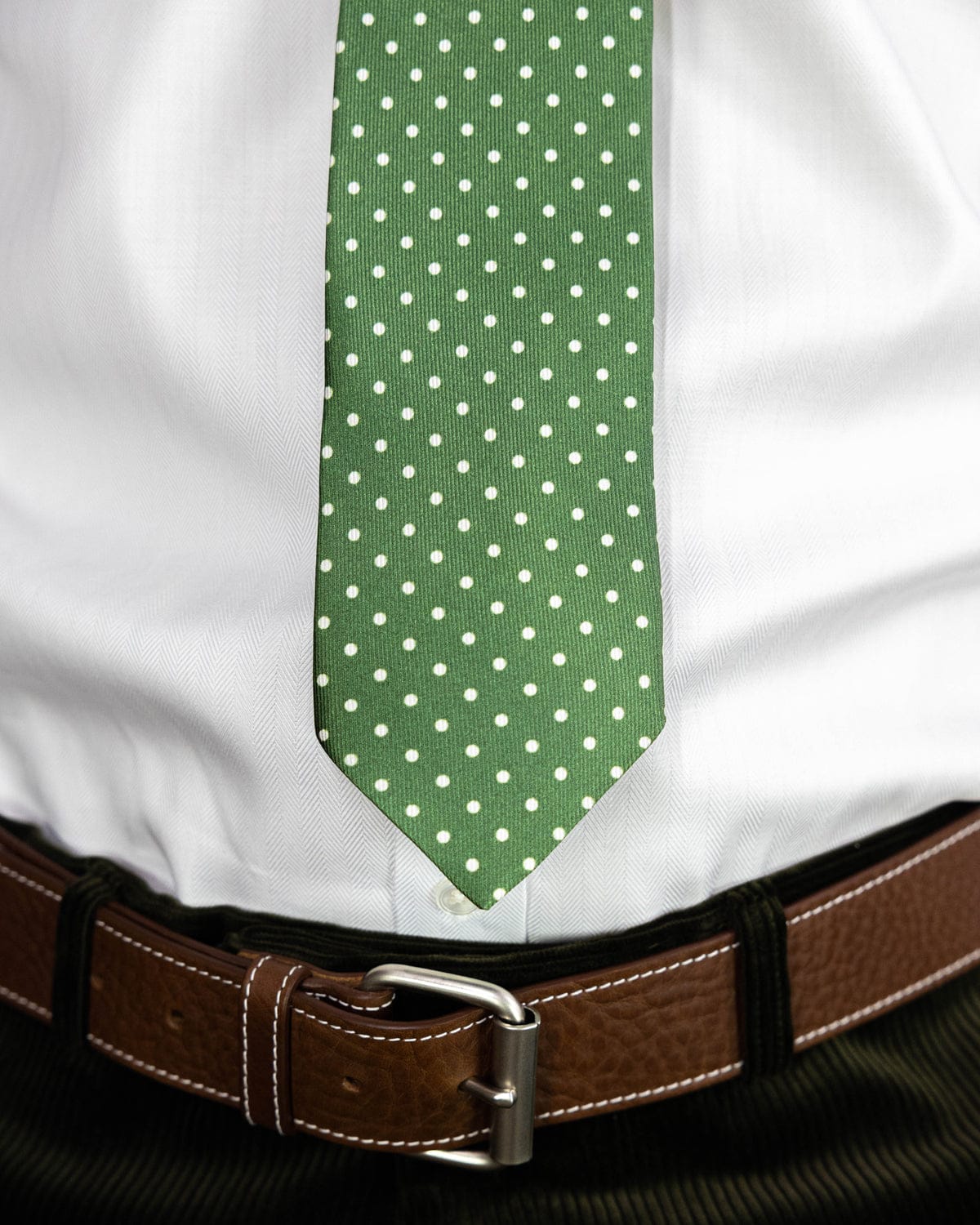 Green Printed Silk Tie with White Medium Spots