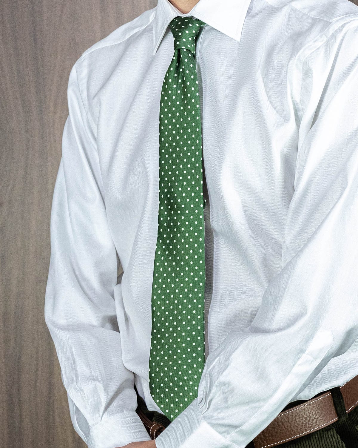 Green Printed Silk Tie with White Medium Spots