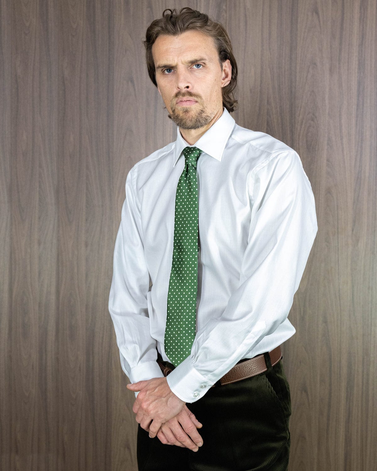 Green Printed Silk Tie with White Medium Spots