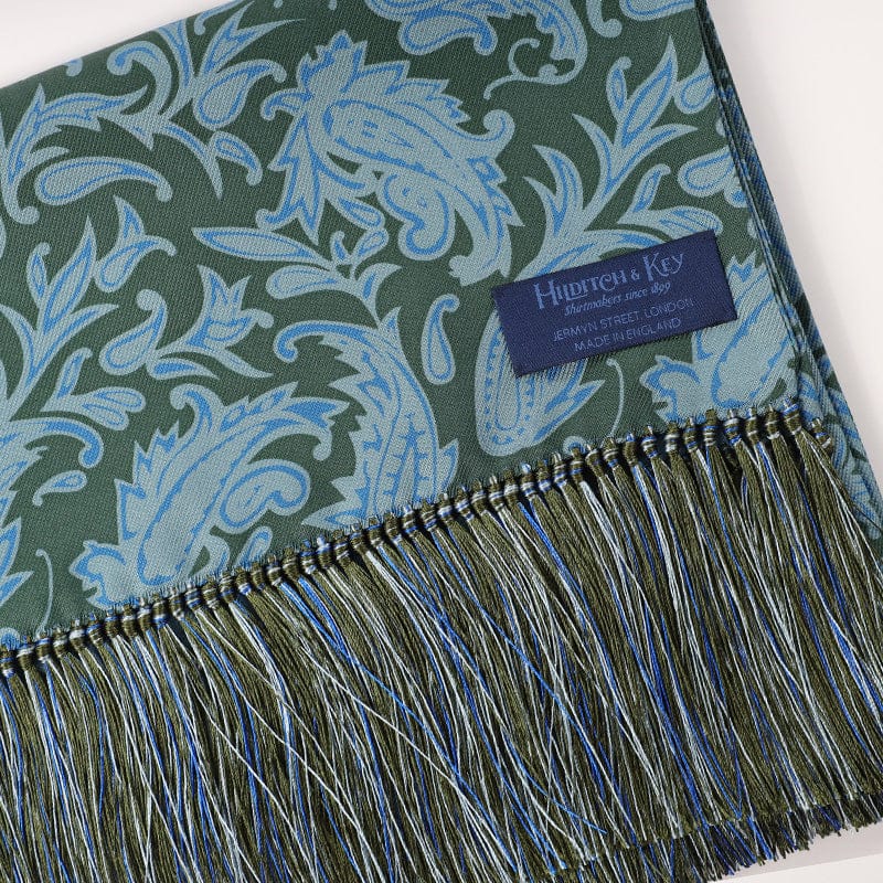 Green With Blue Paisley Tubular Scarf With Tassels