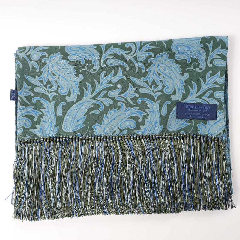 Green With Blue Paisley Tubular Scarf With Tassels