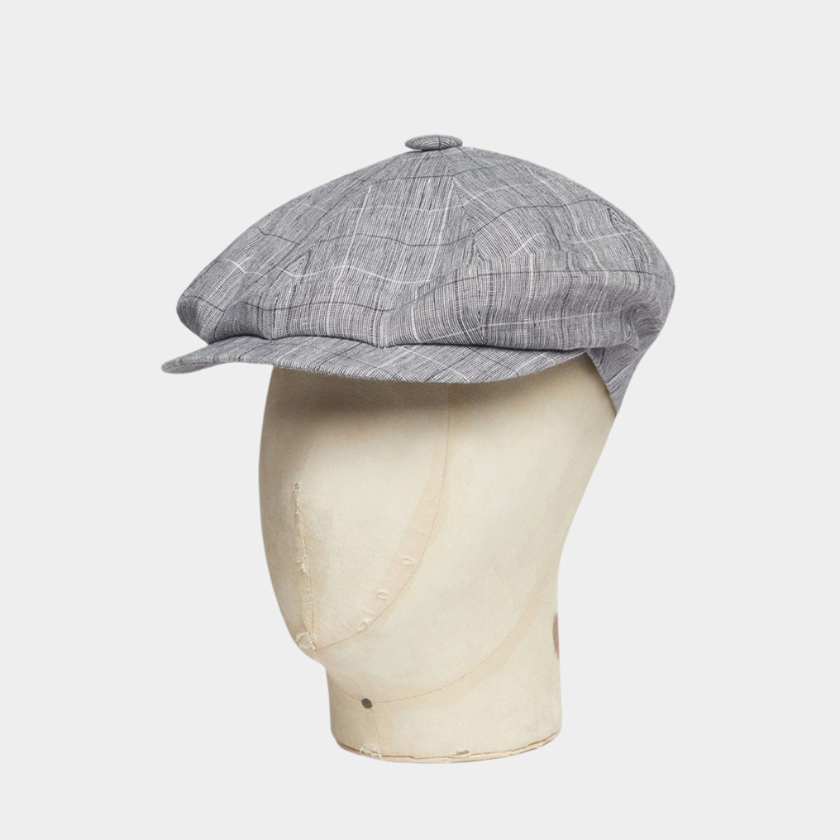 Grey With Black & White Overcheck Linen Gatsby Cap