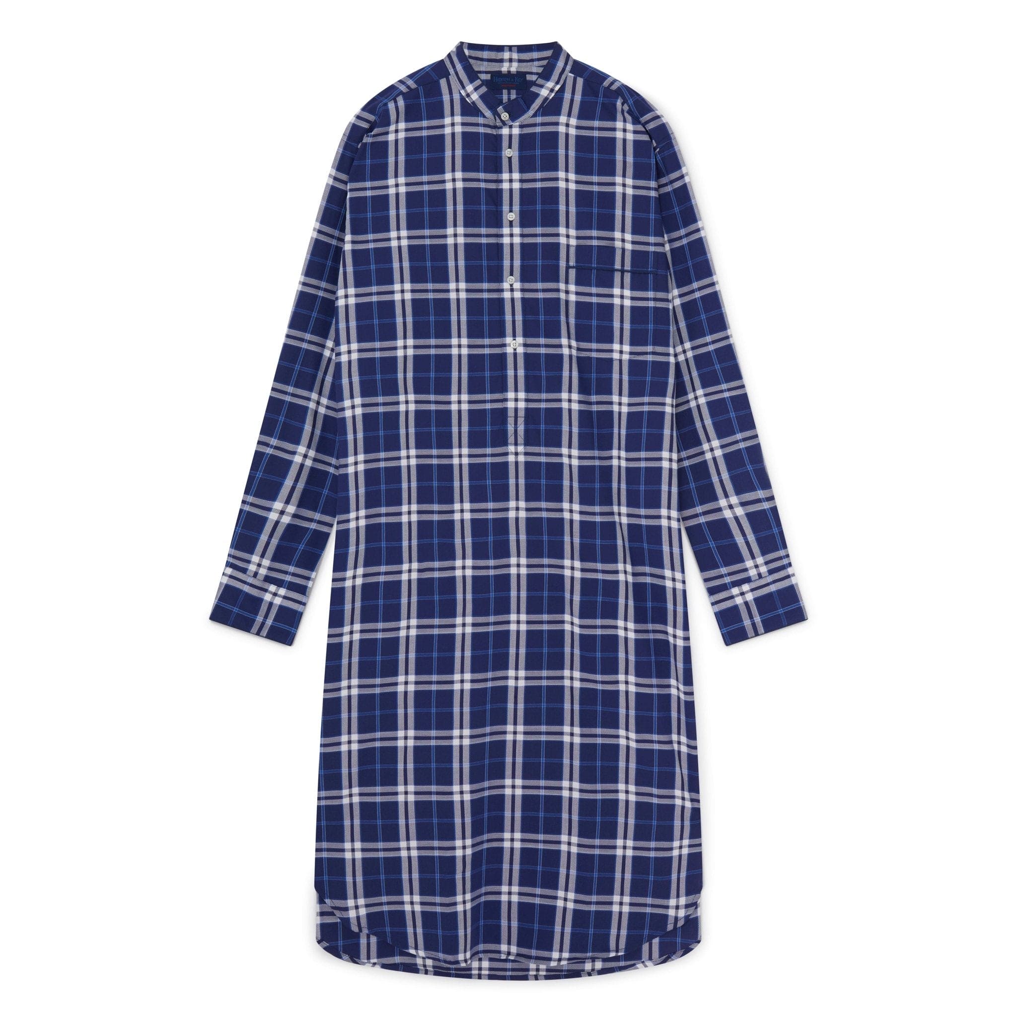 Large Blue Check Cotton Nightshirt With Navy Piping