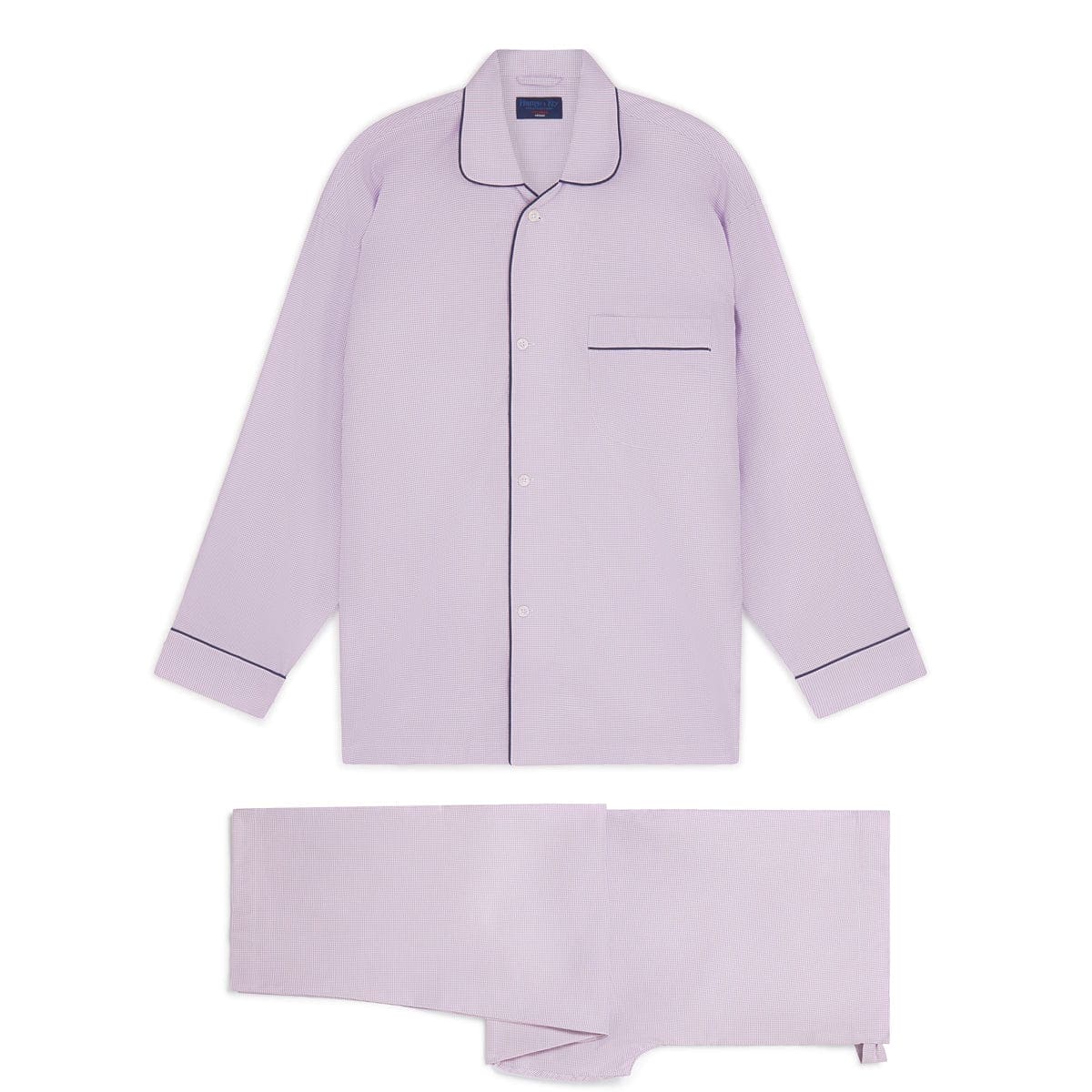 Lilac Houndstooth Cotton Pyjamas With Navy Piping
