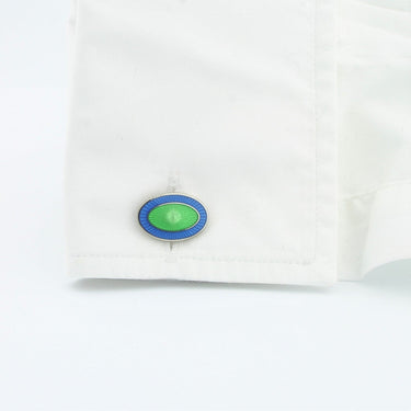 Longmire Sterling Silver Double Oval Pale Blue & Green Enamel Chain Link Cufflinks