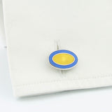 Longmire Sterling Silver Double Oval Pale Blue & Yellow Enamel Chain Link Cufflinks
