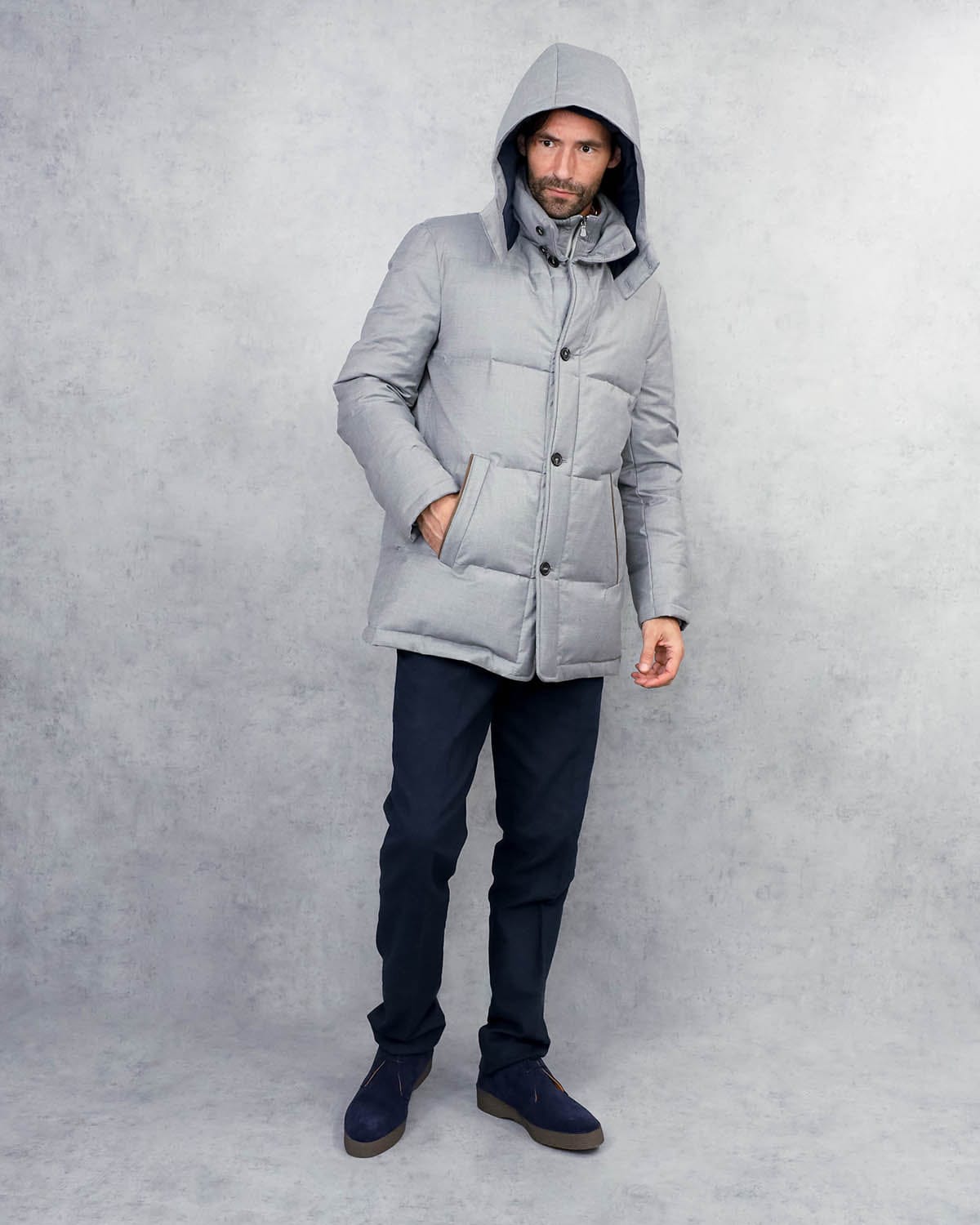 Loro Piana Storm System Wool & Silk Mante Coat In Grey With Navy Lining