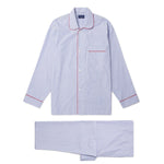 Mid Blue Fine Bengal Stripe Cotton Pyjamas With Red Piping