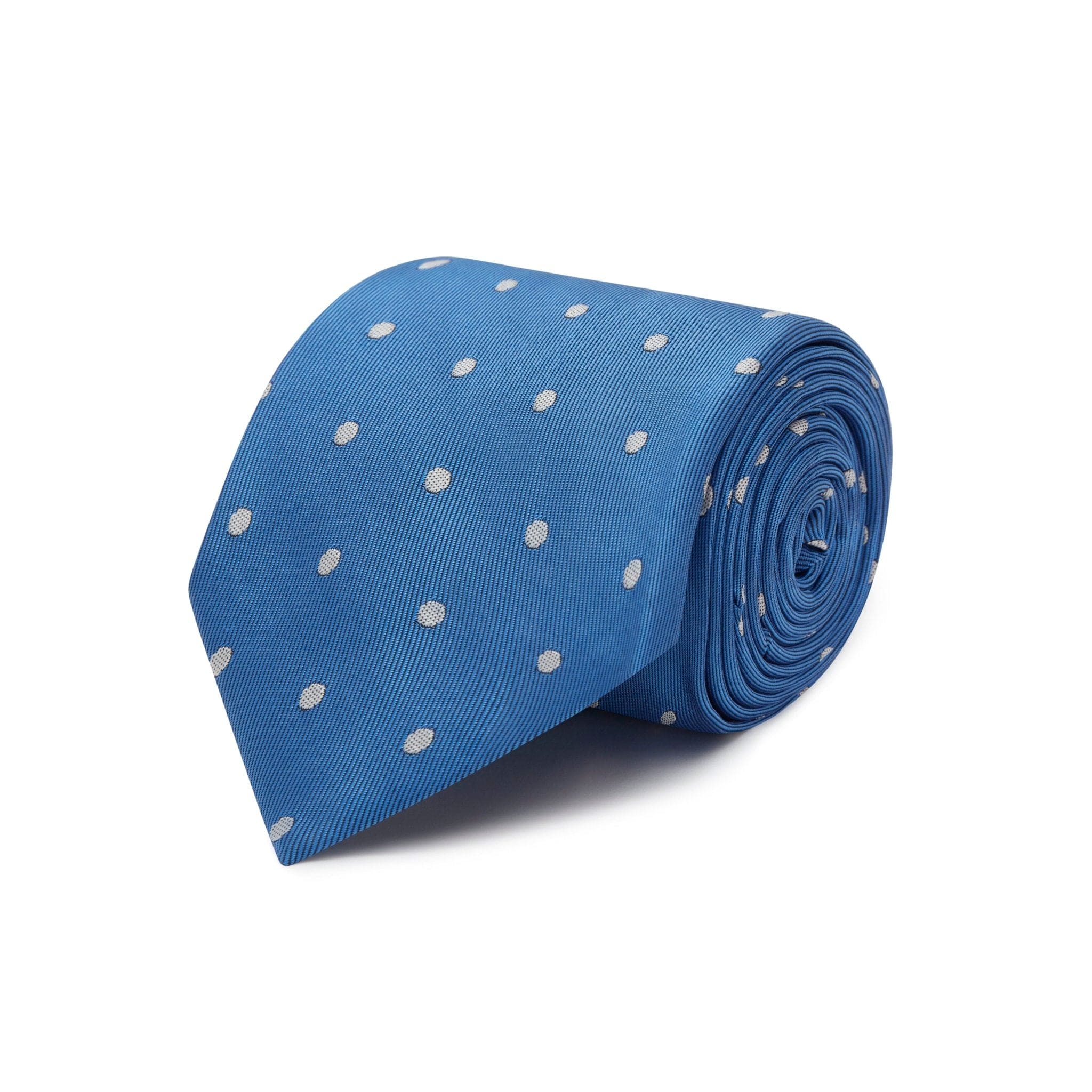 Mid Blue & White Large Spot Woven Silk Tie