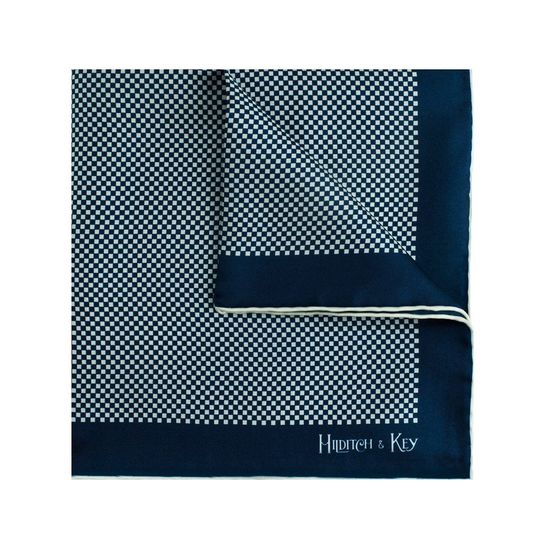 Navy Silk Handkerchief With White Squares