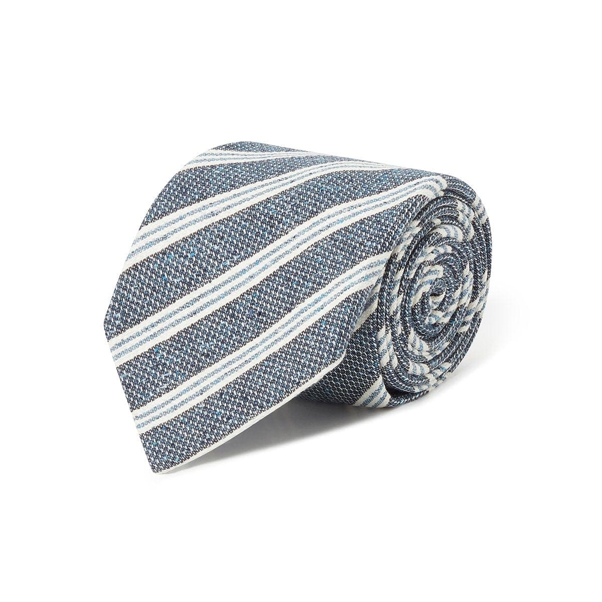 Navy Woven Silk & Cotton Tie With White & Navy Stripe