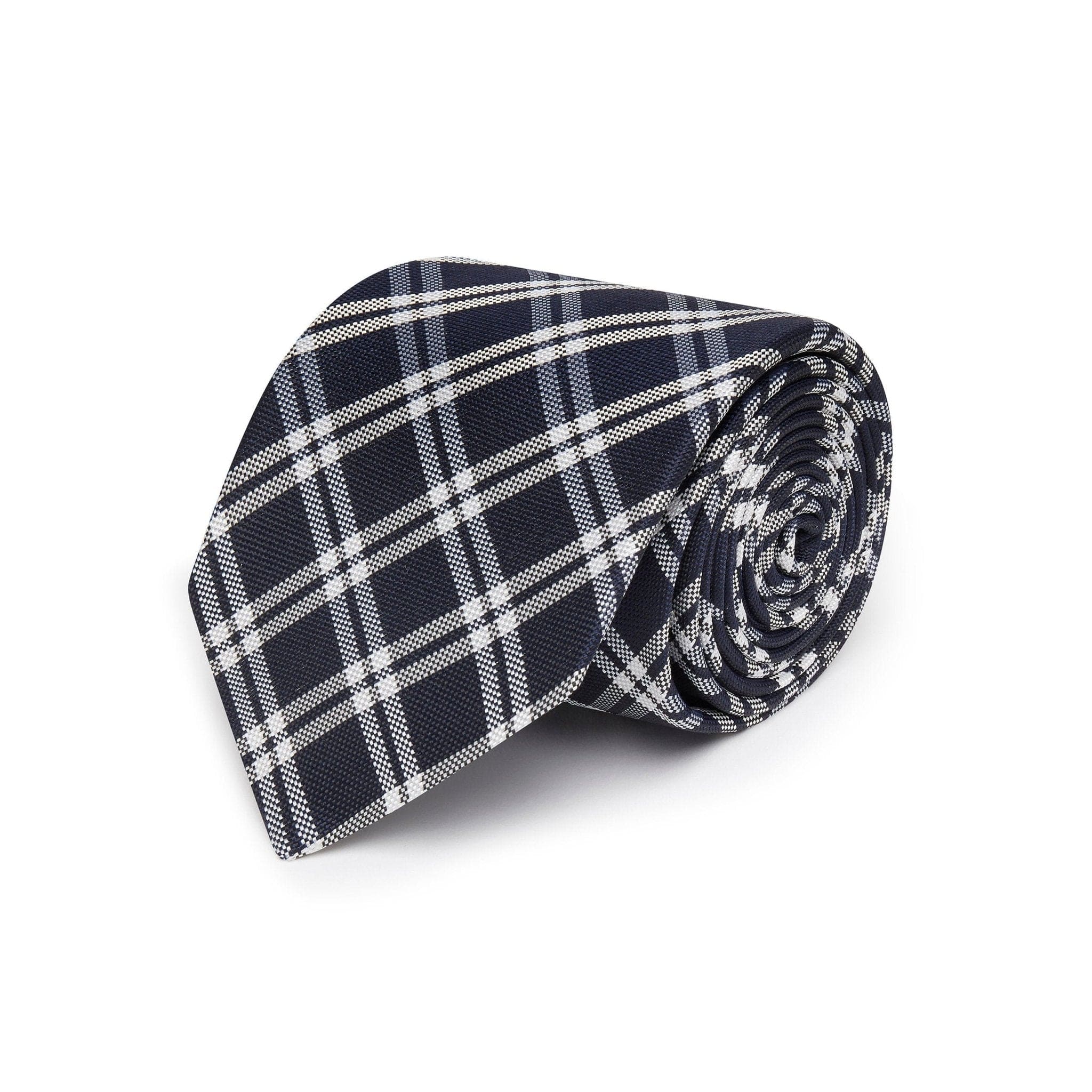 Navy Woven Silk Tie with White Large Check