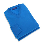 Plain Blue 2-Ply Cashmere V-Neck Sweater