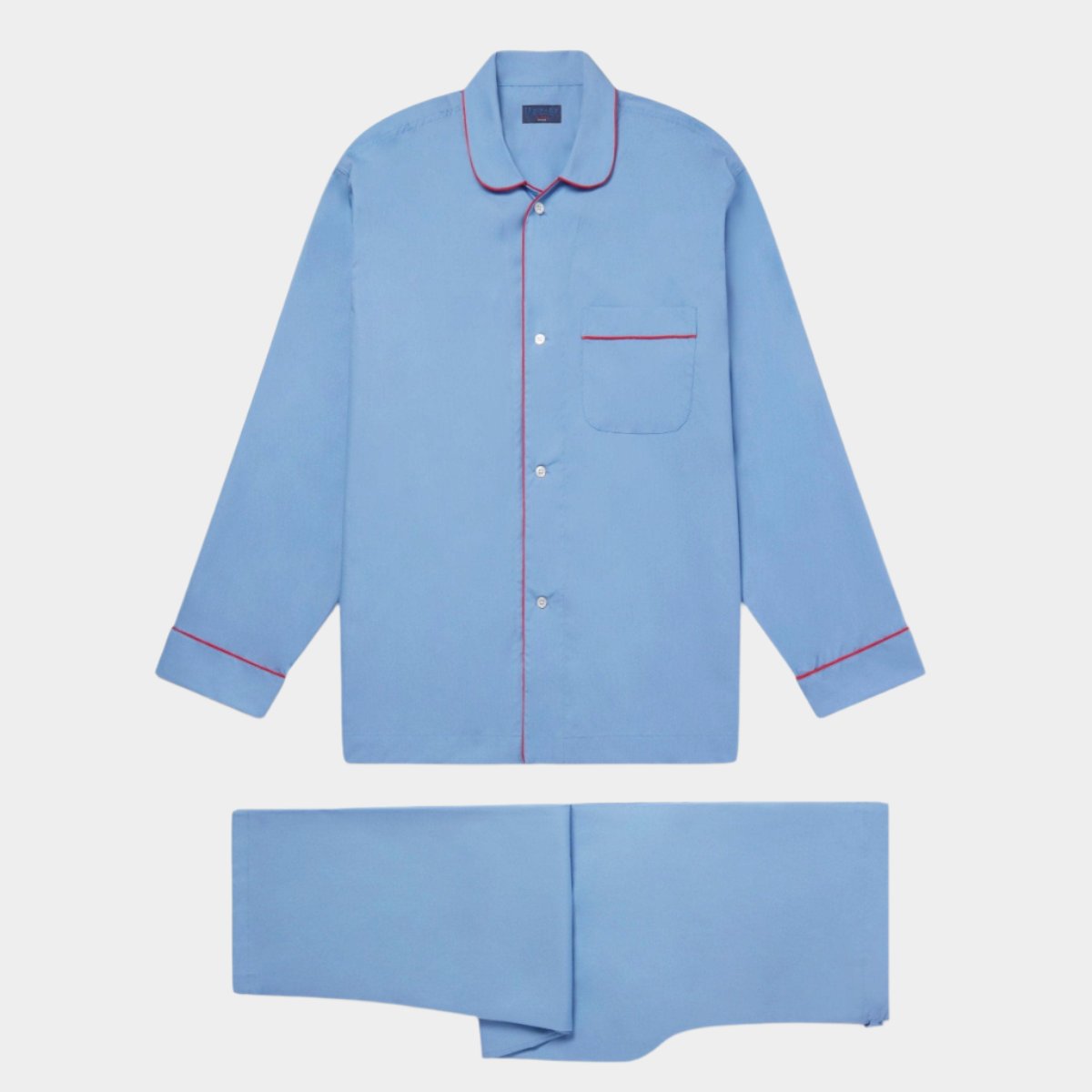 Plain Blue Cotton Pyjamas With Red Piping | Hilditch & Key