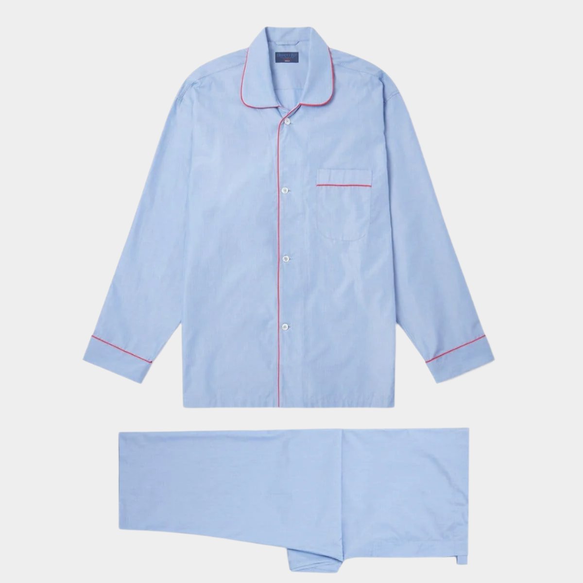 Plain Blue End-on-End Cotton Pyjamas With Red Piping | Hilditch & Key