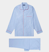 Plain Blue End On End Cotton Pyjamas With Red Piping