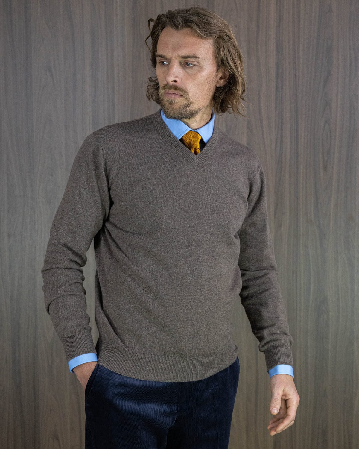 Plain Mid Brown Cashmere V-Neck Sweater