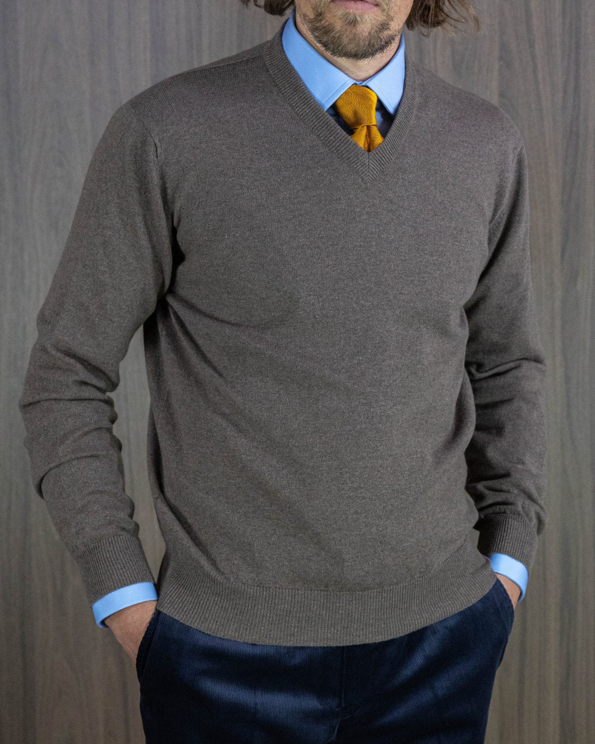 Plain Mid Brown Cashmere V-Neck Sweater
