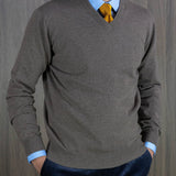 Plain Mid Brown Cashmere V-Neck Sweater
