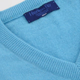 Plain Ocean Blue 2-Ply Cashmere V-Neck Pullover
