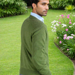 Plain Olive Green 2-Ply Cashmere V-Neck Sweater
