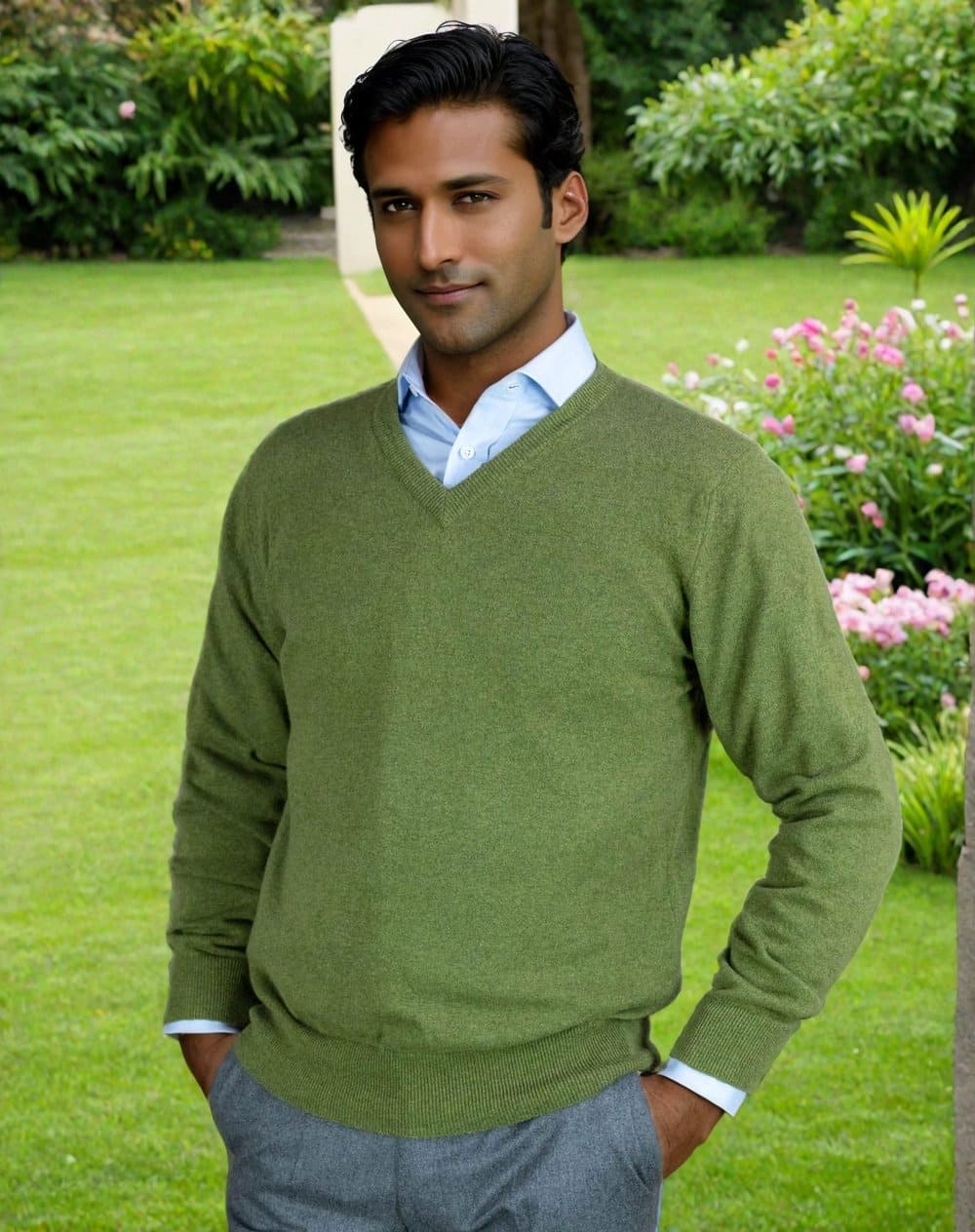 Plain Olive Green 2-Ply Cashmere V-Neck Sweater