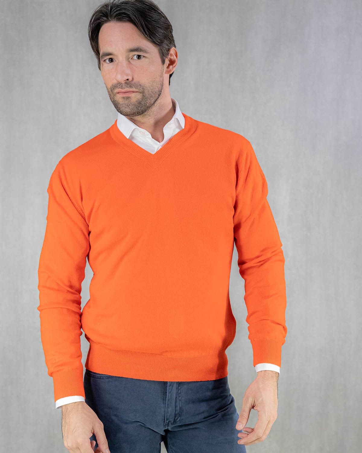Plain Orange Gloss 2-Ply Cashmere V-Neck Sweater