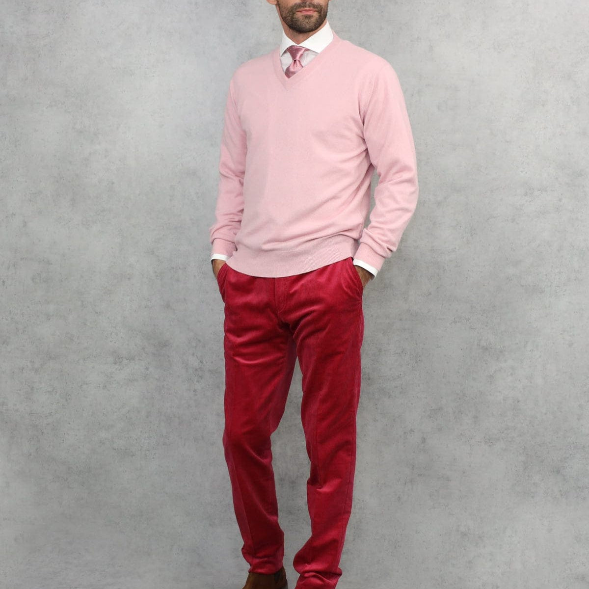 Plain Pink 2-Ply Cashmere V-Neck Sweater