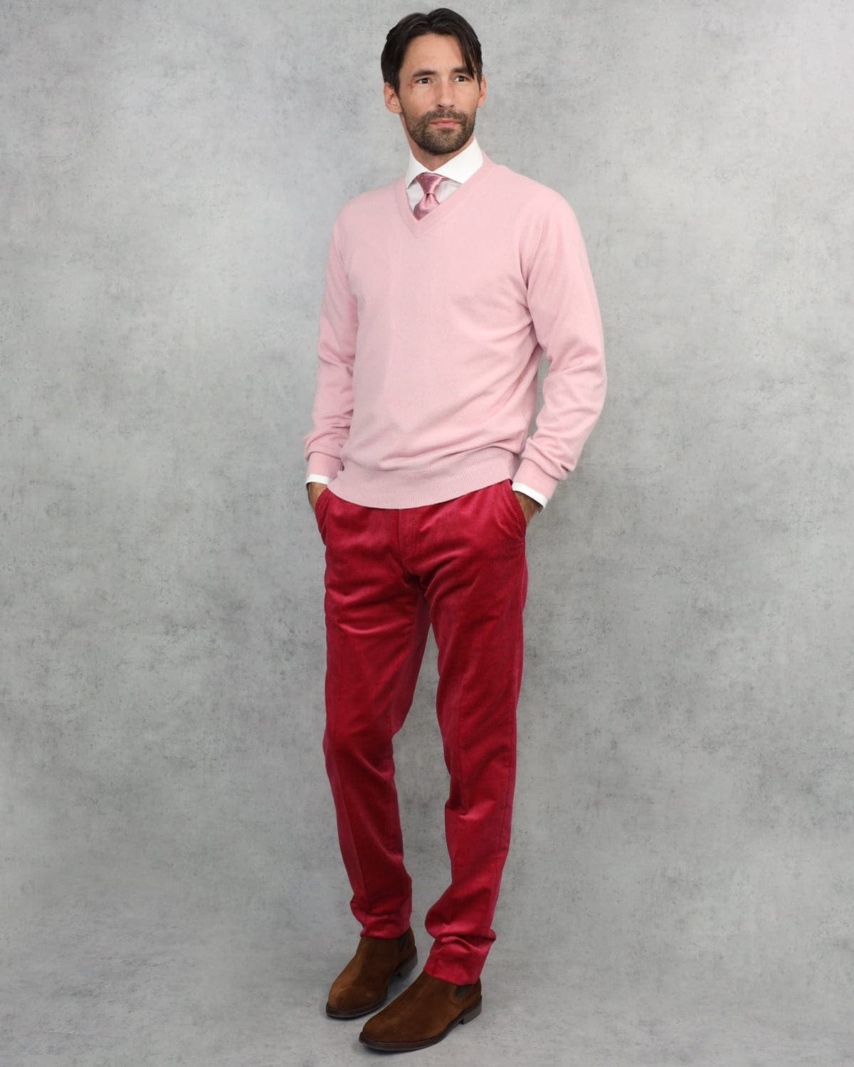 Plain Pink 2-Ply Cashmere V-Neck Sweater
