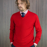 Plain Red 2-Ply Cashmere V-Neck Sweater
