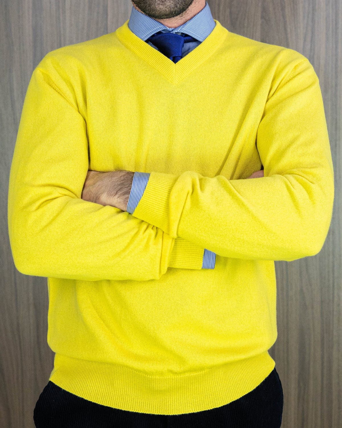 Plain Yellow 2-Ply Cashmere V-Neck Sweater