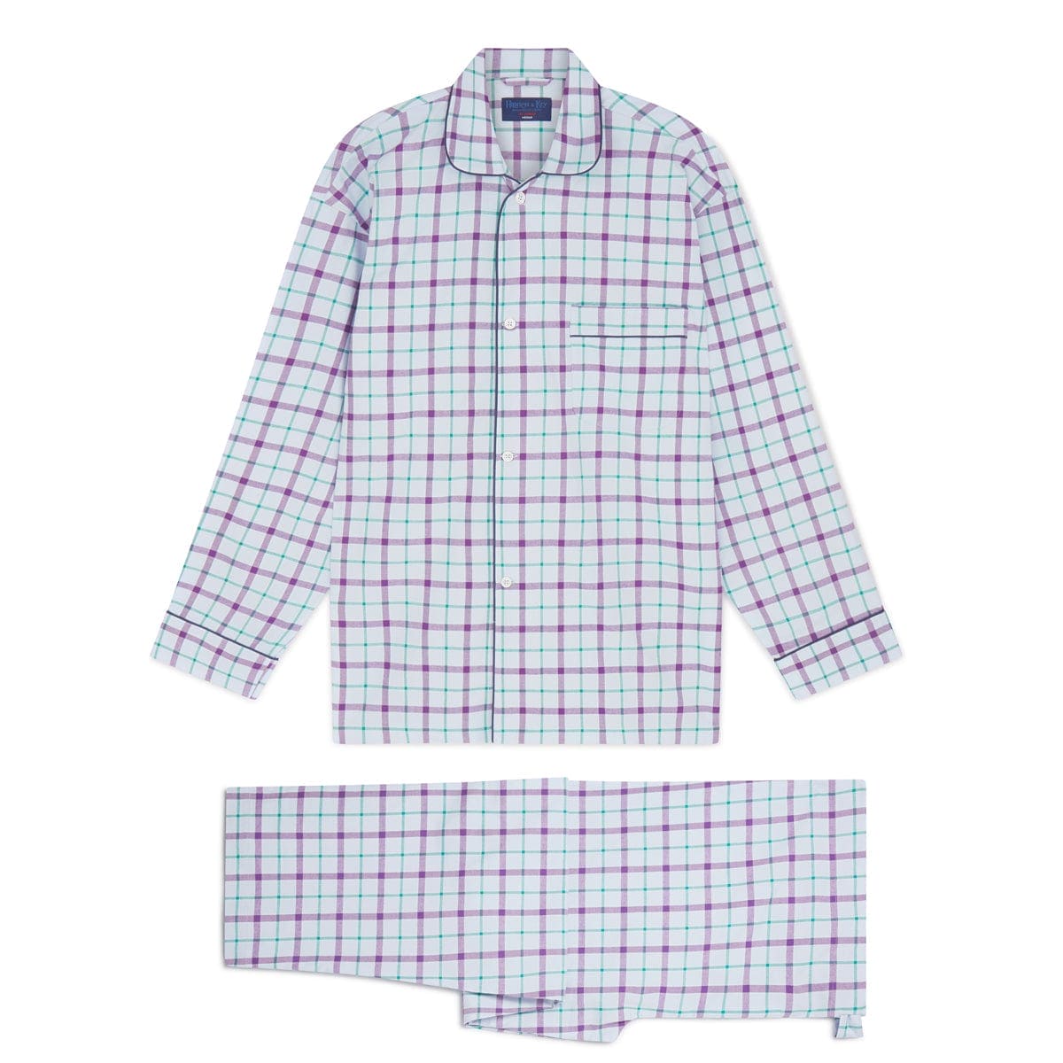 Purple & Blue Check Brushed Cotton Pyjamas With Navy Piping