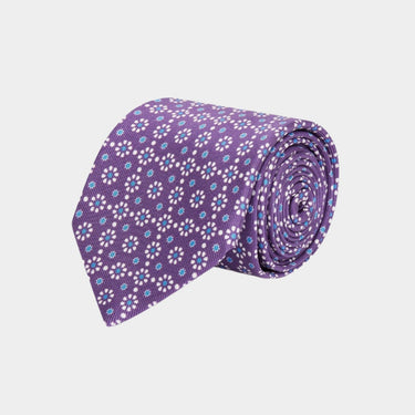 Purple with Blue & White Floral Printed Silk Tie