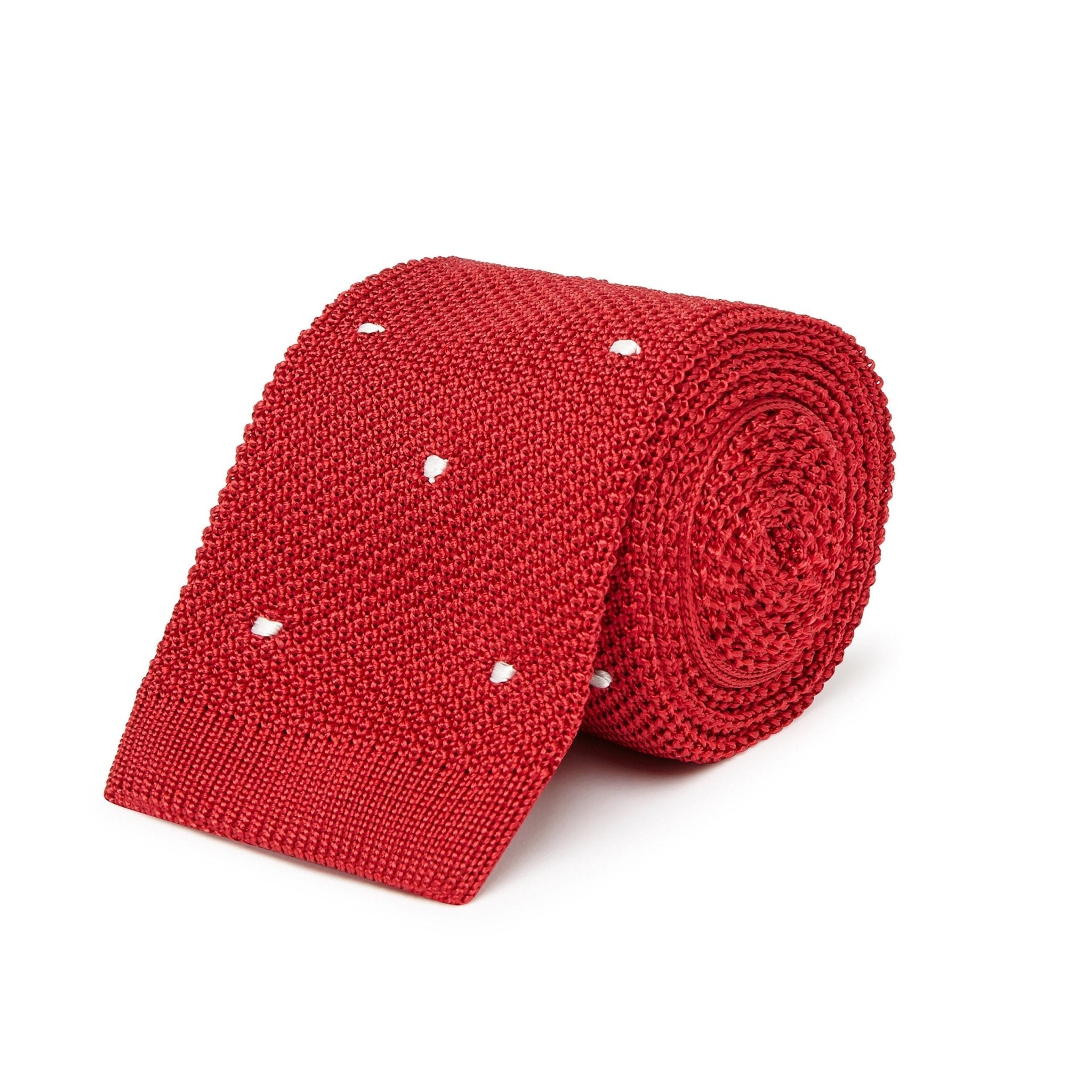 Red Knitted Silk Tie with White Spots